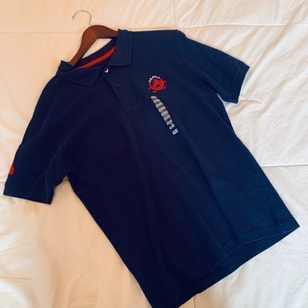 U.S. Polo Navy Cotton Polo with Red Logo and Patch